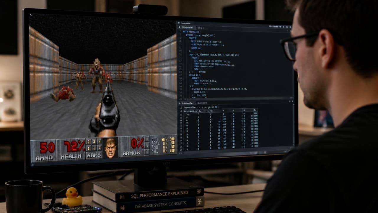 Doom runs inside an SQL database: 1,300 lines of queries, 35 frames per second